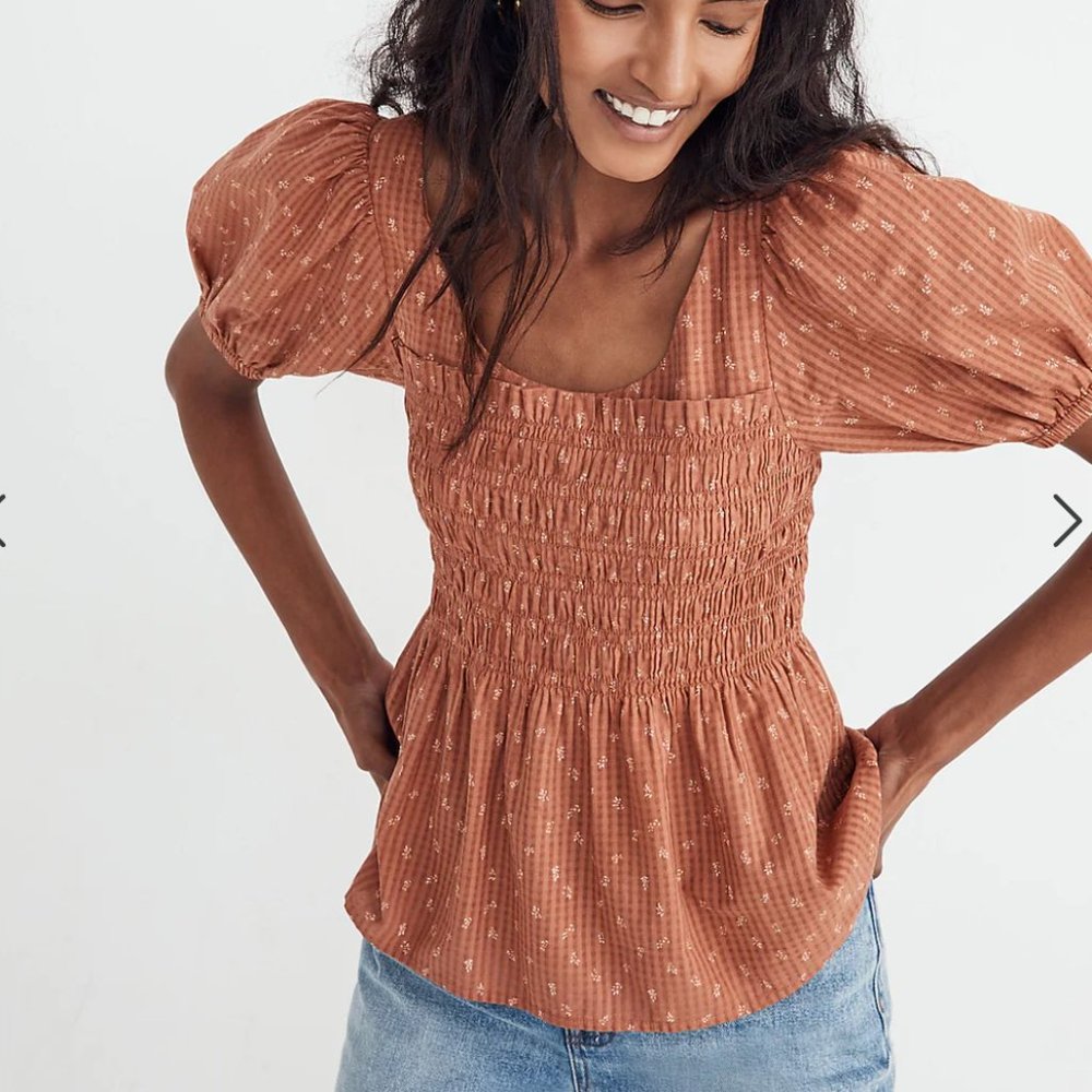 Bubble-Sleeve Smocked Peplum Top in Berry Stems